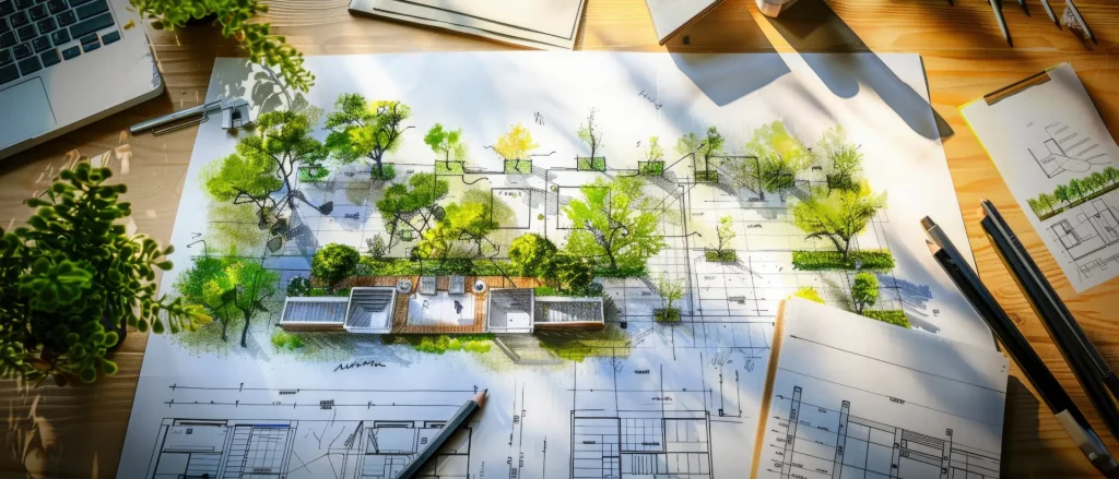Skizze und Pläne zur Gartengestaltung mit Bleistift, Pflanzenzeichnungen, Laptop und Zeichentisch – Gartenplanung visualisiert