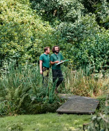 Gartenplanung: Zwei Fachkräfte mit Klemmbrett besprechen im Grünen Entwurfskonzept zur Gartengestaltung