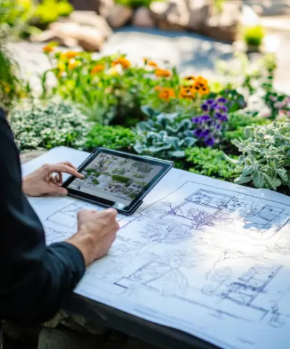 Gartenplanung am Tablet und Planzeichnung vor einem blühenden Beet – moderne Gartengestaltung visualisieren