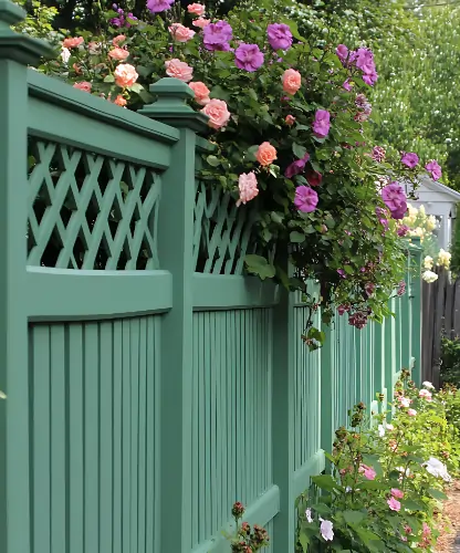 Ein grüner Gartenzaun mit Zierelementen im oberen Drittel, überwachsen von Rosen, um das Thema Gartenzaunbau zu visualisieren.